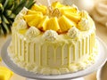 A pineapple cake with white frosting on a white cake stand Royalty Free Stock Photo