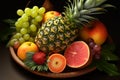 Pineapple centerpiece on a vibrant platter of tropical fruit medley Royalty Free Stock Photo