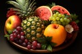 Pineapple centerpiece on a vibrant platter of tropical fruit medley Royalty Free Stock Photo