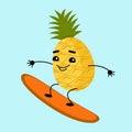 The pineapple character is riding on a surfboard. Cute funny character sports on the sea