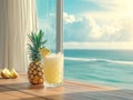 a pineapple cocktail on a table on a beach Royalty Free Stock Photo