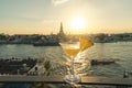 Pineapple cocktail on table in rooftop bar with famous place Royalty Free Stock Photo