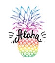 Pineapple colorful sketch isolated on white background. Aloha hand lettering, Hawaiian language greeting typography.