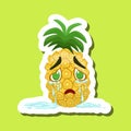 Pineapple Crying With Tears Running Down, Cute Emoji Sticker On Green Background