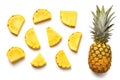 Pineapple Cuts Isolated, Raw Ananas Pieces, Comosus Tropical Fruit Chunks, Ripe Pine Apple Slices on White