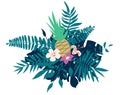 Pineapple, exotic flowers, palm leaves, jungle leaf, orchid, tropical art composition. Vector exotic illustration