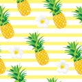 Pineapple with Exotic Flowers Seamless Pattern. Tropical Summer Illustration for wallpaper, background, wrapper or textile