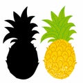 Pineapple. Exotic tropical fruit with stamp texture and black silhouette, fresh whole juicy yellow ananas with green leaves vector Royalty Free Stock Photo