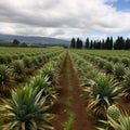 Pineapple farm, pineapples on the field. Rows of pineapples in field with trees in the background and grass in the foreground.