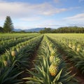 Pineapple farm, pineapples on the field. Rows of pineapples in field with trees in the background and grass in the foreground.