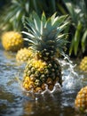 the pineapple fell into the river and a cool splash of water formed