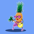 Pineapple female character with glasses playing the guitar. Sticker. Vector image