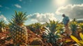 Pineapple in a field with farmer in background Royalty Free Stock Photo