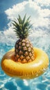 Pineapple floating on yellow inflatable ring in pool, summer fun concept Royalty Free Stock Photo