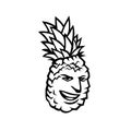 Pineapple Fruit or Ananas Comosus Happy Smiling Grinning Mascot Black and White