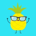 Pineapple fruit icon leaf wearing glasses. Hands up, legs. Cute cartoon kawaii smiling funny baby character. Sunglasses. Hello