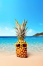 Pineapple fruit in sunglasses on sand against turquoise caribbean sea water