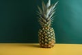 Pineapple fruit on a yellow and green background with copy space. Generative AI Royalty Free Stock Photo