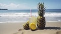 Pineapple and glass of juice on sand at the beach, summer, sea splashes, sea foam. Beach vacation. Banner. Copy space.AI