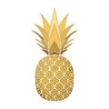 Pineapple golden with leaf, circles, polka dot. Tropical gold exotic fruit isolated white background. Symbol organic