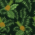 Pineapple green leaves black background seamless
