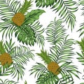 Pineapple green leaves white background seamless