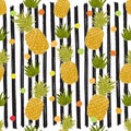 Pineapple hand drawn sketch striped Seamless Pattern. Vector Illustration.