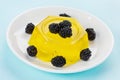 Pineapple jelly pudding decorated blackberries on a white plate