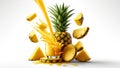 pineapple juice featuring a flying pineapple sliced into round slices with a splash Royalty Free Stock Photo