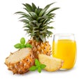 pineapple juice, Pineapple fruit and Pineapple slices with fresh green basil herb leaves isolated on a white background Royalty Free Stock Photo