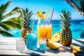 Pineapple juice and Pineapples on a beach background