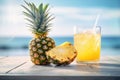 Pineapple juice on tropical beach background. Drink and summer concept. Generative ai Royalty Free Stock Photo