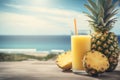 Pineapple juice on tropical beach background. Drink and summer concept. Generative ai Royalty Free Stock Photo