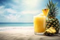 Pineapple juice on tropical beach background. Drink and summer concept. Generative ai Royalty Free Stock Photo