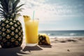 Pineapple juice on tropical beach background. Drink and summer concept. Generative ai Royalty Free Stock Photo