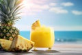 Pineapple juice on tropical beach background. Drink and summer concept. Generative ai Royalty Free Stock Photo