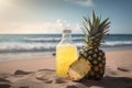 Pineapple juice on tropical beach background. Drink and summer concept. Generative ai Royalty Free Stock Photo