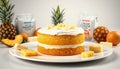 Pineapple Layered Cake Displayed with Cheese Chunks Oranges and Flour Bags in Bright Studio Setting Against White Background For Royalty Free Stock Photo