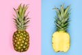 Pineapple layout with whole fruit on pastel pink and half slice on blue Royalty Free Stock Photo