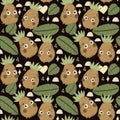 Seamless pattern with cartoon pineapple, decor elements. hand drawing, flat style.