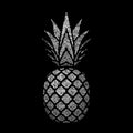 Pineapple with leaf. Tropical silver exotic fruit isolated black background. Symbol of organic food, summer, vitamin