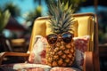 Pineapple lounging in a beach chair with stylish shades, summer season nature image