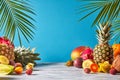 Pineapple, mango, dragon fruit, passion fruit, coconut, carambola, kumquat - frame of exotic fruits with tropic leaves Royalty Free Stock Photo