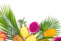 Pineapple, mango and dragon fruits with palm leaf on white background. Flat lay, top view. Tropical fruits Royalty Free Stock Photo