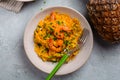 Pineapple Mango shrimps with rice..style rustic Royalty Free Stock Photo
