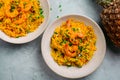 Pineapple Mango shrimps with rice..style rustic Royalty Free Stock Photo