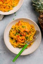 Pineapple Mango shrimps with rice..style rustic Royalty Free Stock Photo
