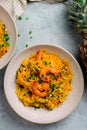 Pineapple Mango shrimps with rice..style rustic Royalty Free Stock Photo