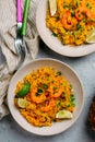 Pineapple Mango shrimps with rice..style rustic Royalty Free Stock Photo