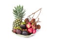 Pineapple, mangosteen, lychee on white background